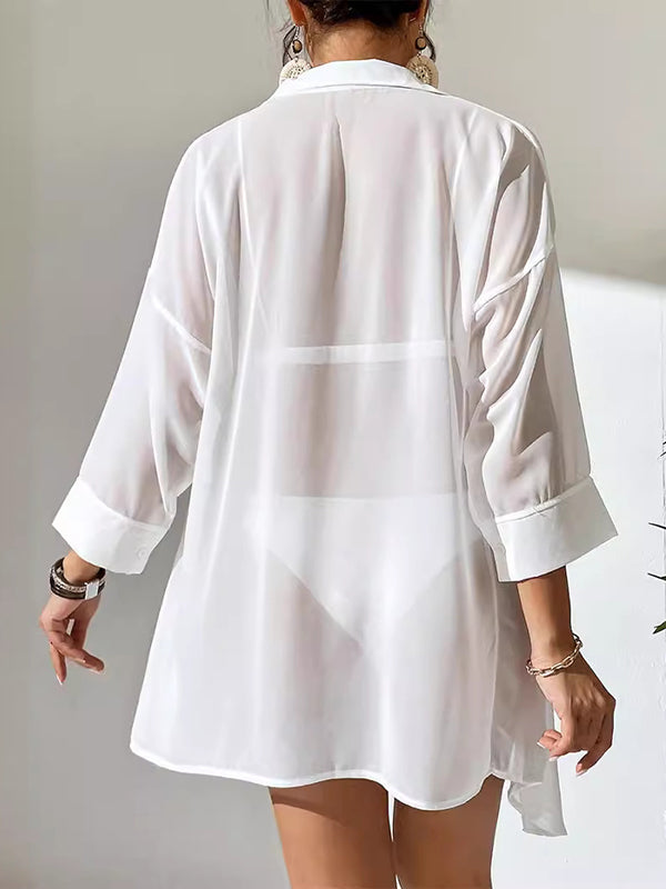 Loose Three-quarter Sleeves Buttoned See-through Color Split-joint Lapel Blouses&shirts Tops