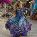 Vintage Purple And Blue Lavender Patchwork And Floral Embroidered Art Linen Maxi Dress elevenforest