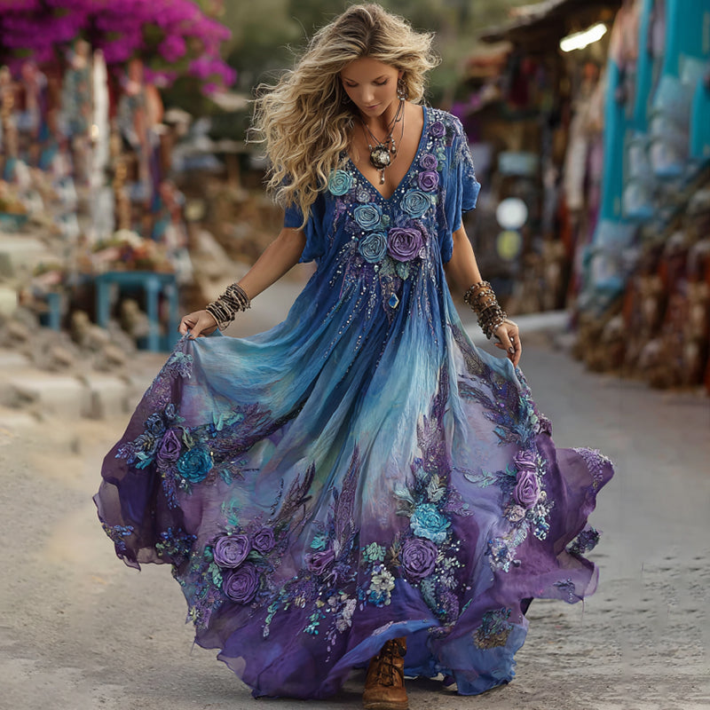 Vintage Purple And Blue Lavender Patchwork And Floral Embroidered Art Linen Maxi Dress elevenforest