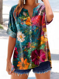 Women's Floral Art Print Casual Cotton And Linen Shirt