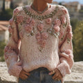 Vintage Boho Roses Embroidered Glitter Cozy Knit Sweater elevenforest