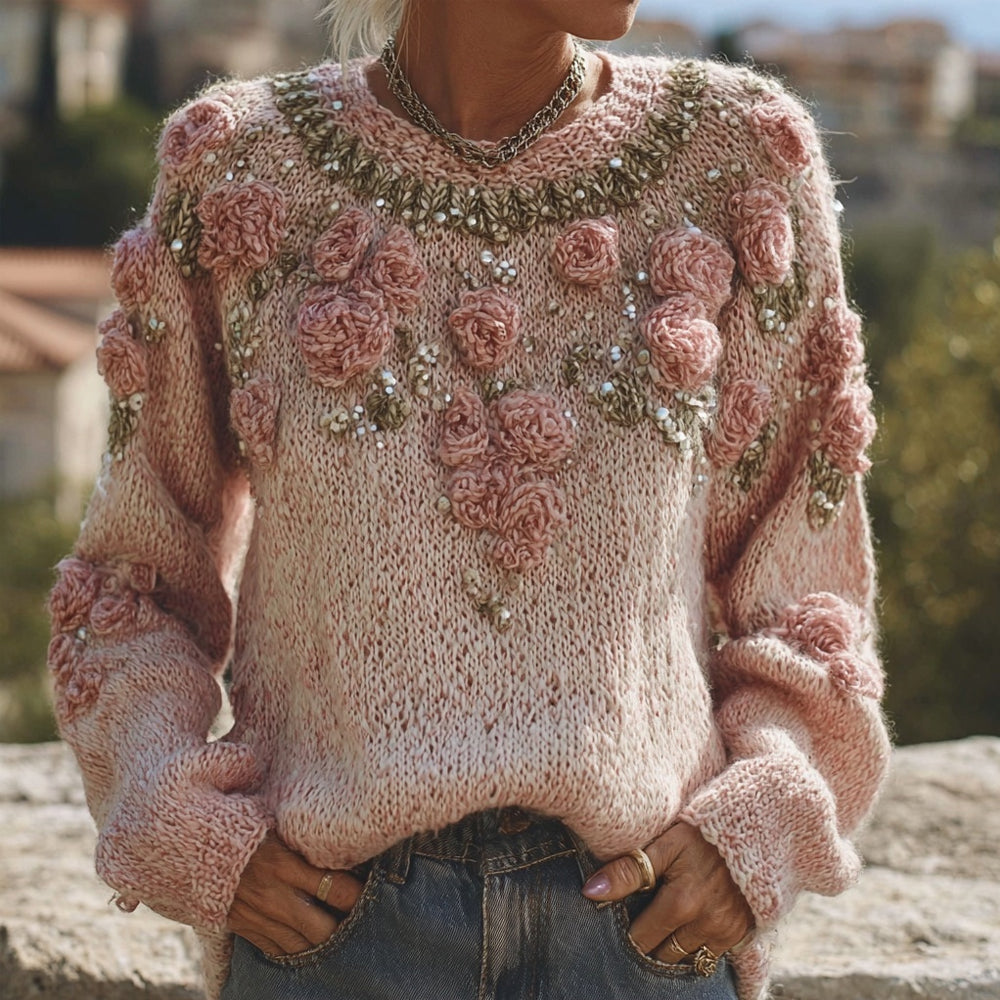 Vintage Boho Roses Embroidered Glitter Cozy Knit Sweater elevenforest