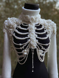 Comstylish Vintage Roses Skeleton Pearls Beaded Contrast Turtleneck Sweater