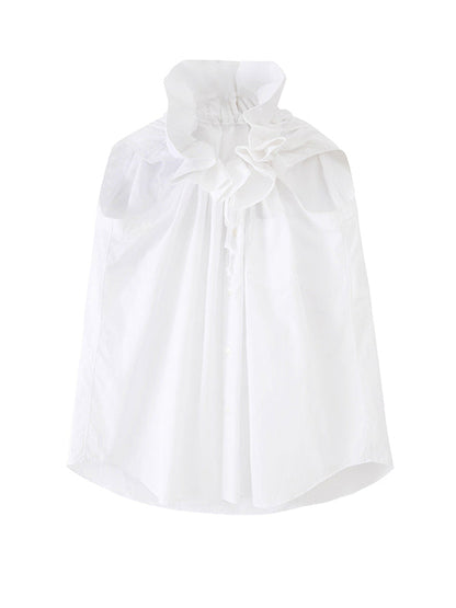 Sleeveless Pleated Color Statement Collar Blouses&shirts Tops