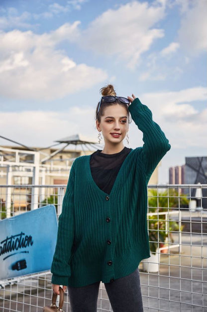 Autumn Winter V Neck Long Sleeve Green Show Noble Color Sweater Cardigan Coat