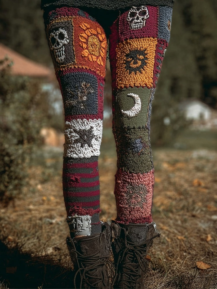 Vintage Moon & Sun Crochet Patchwork Cozy Leggings elevenforest