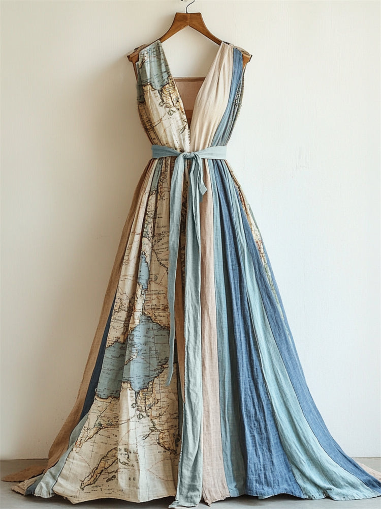 Vintage Old Map Contrast Patchwork Linen Maxi Dress elevenforest