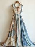 Vintage Old Map Contrast Patchwork Linen Maxi Dress elevenforest