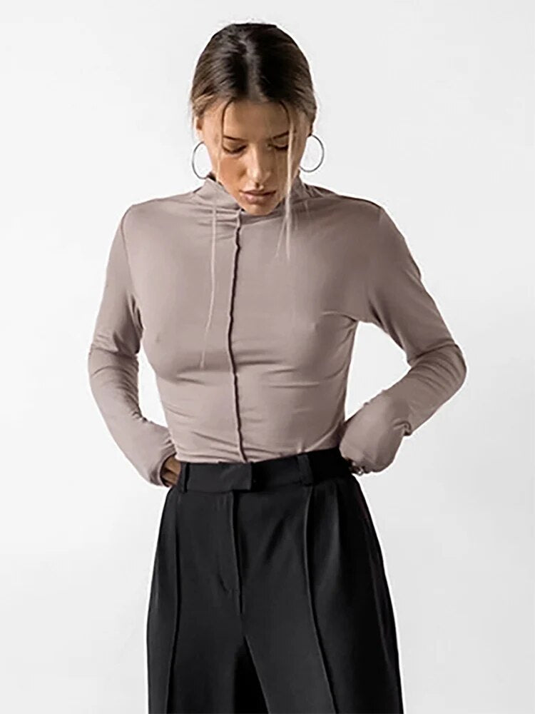 Khaki Basic Tees Elasticity Turtleneck Long Sleeve Pullover Tops Autumn Inner Brown Office