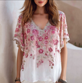White Powder Gradient Plant Flower Pattern Women Cotton And Linen Shirt elevenforest