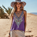 Women's Floral Bohemia Ethnic Art Linen V-neek Sleeveless Top elevenforest