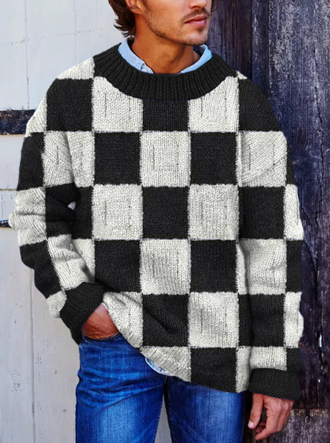 Vegan Mock Minimalist Knit Pullover Sustainable Plaid Patchwork Warmth Knitted Jacquard Unisex Sweater elevenforest