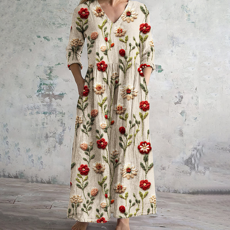 Women's Vintage Floral Art Cozy Linen Dress elevenforest