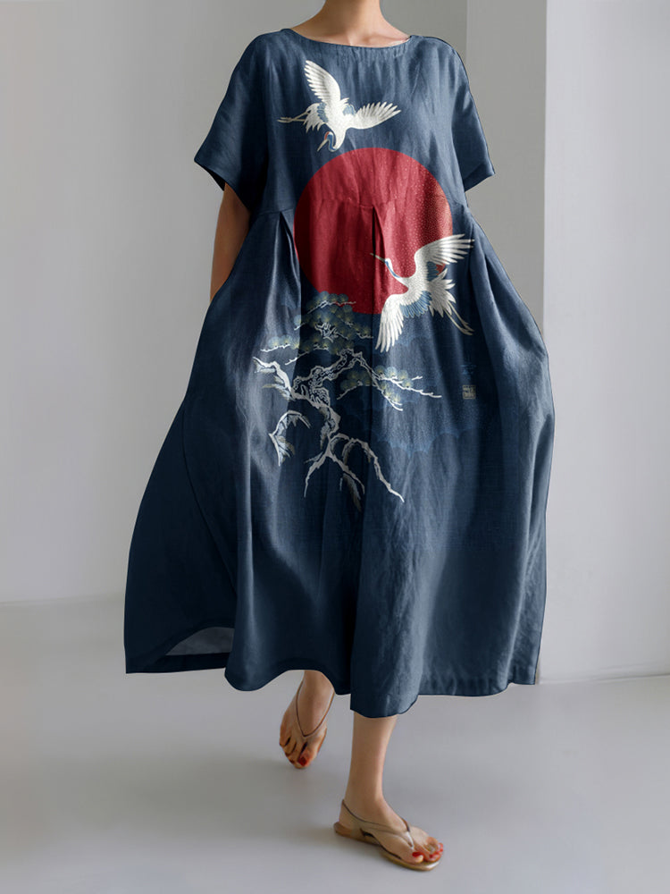 Japanese Crane & Red Sun Printed Linen Blend Maxi Dress