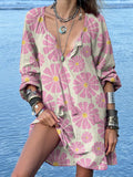 Pink Flower Women's Print Casual Cotton Dress