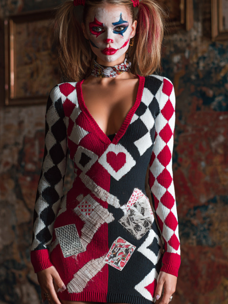 Women's Halloween Card Game Clown Retro Knitted Sweater Dress artswardrobe