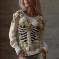 Comstylish Women's Halloween Skeleton Flower Embroidered Round Neck Sweater