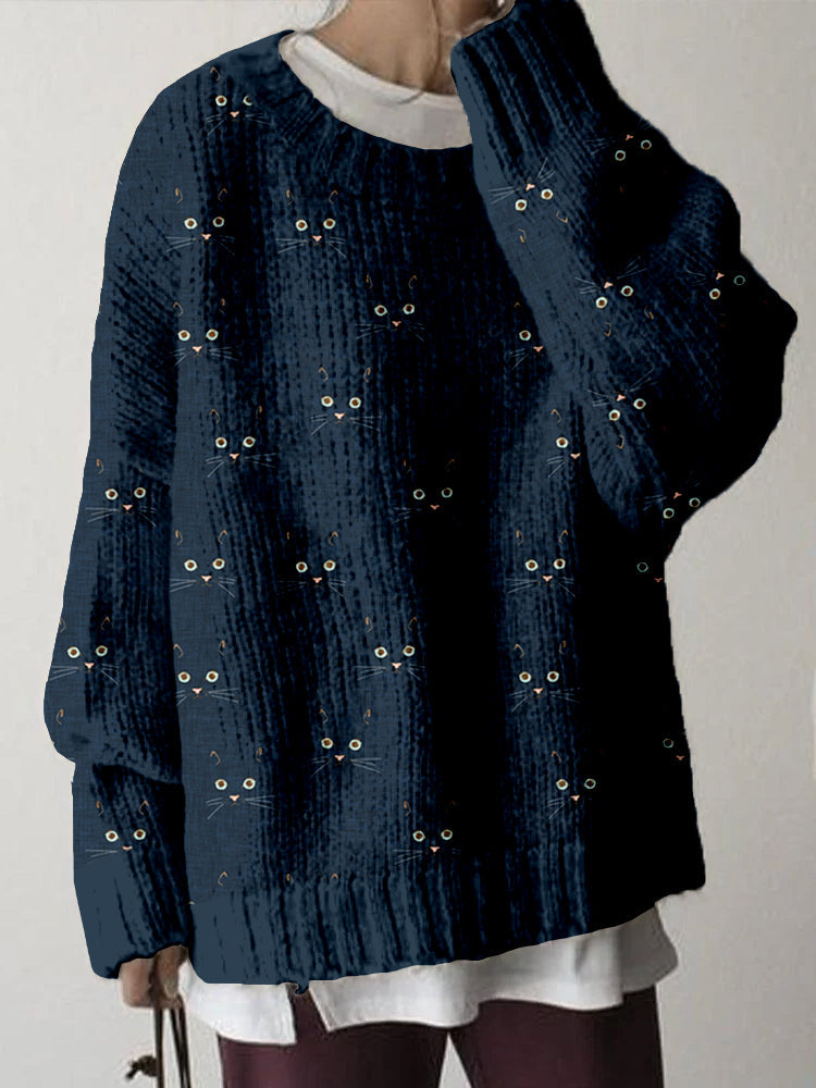 Cute Cat Face Pattern Crew Neck Comfy Sweater elevenforest