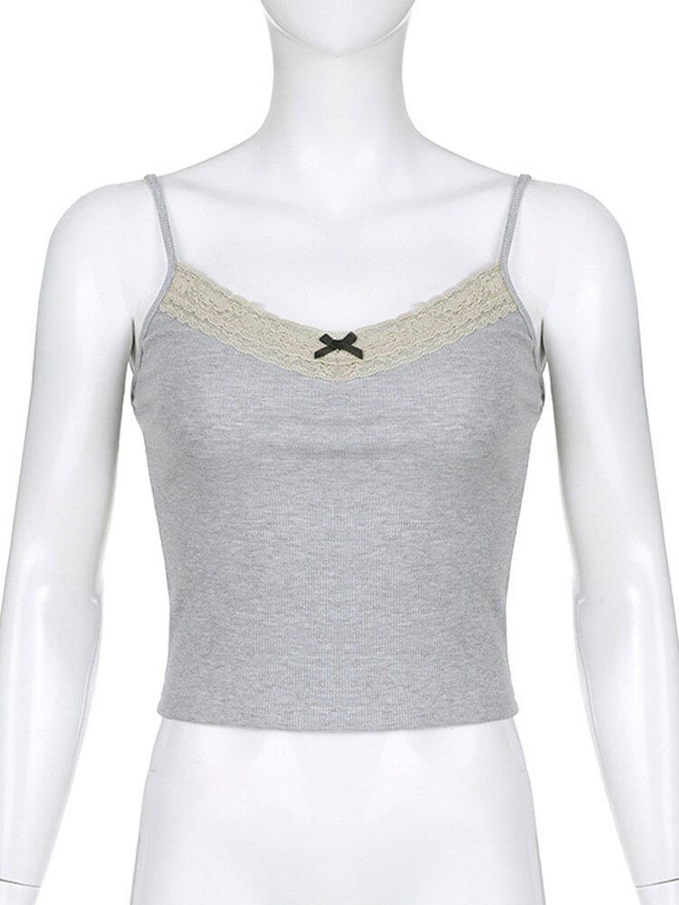 Y2k Bow Knitted Crop Top Lace V Neck Mini Vest Basic Camis Harajuku Grey Sweats Aesthetic Korean Tee