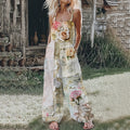 Women's Rose Patchwork Lace Linen Print Cotton Linen Jumpsuit elevenforest