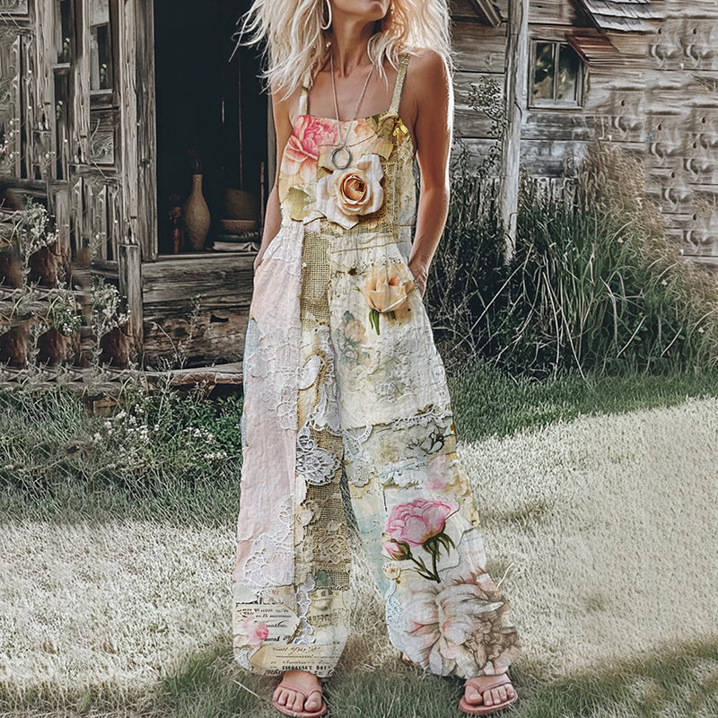 Women's Rose Patchwork Lace Linen Print Cotton Linen Jumpsuit elevenforest