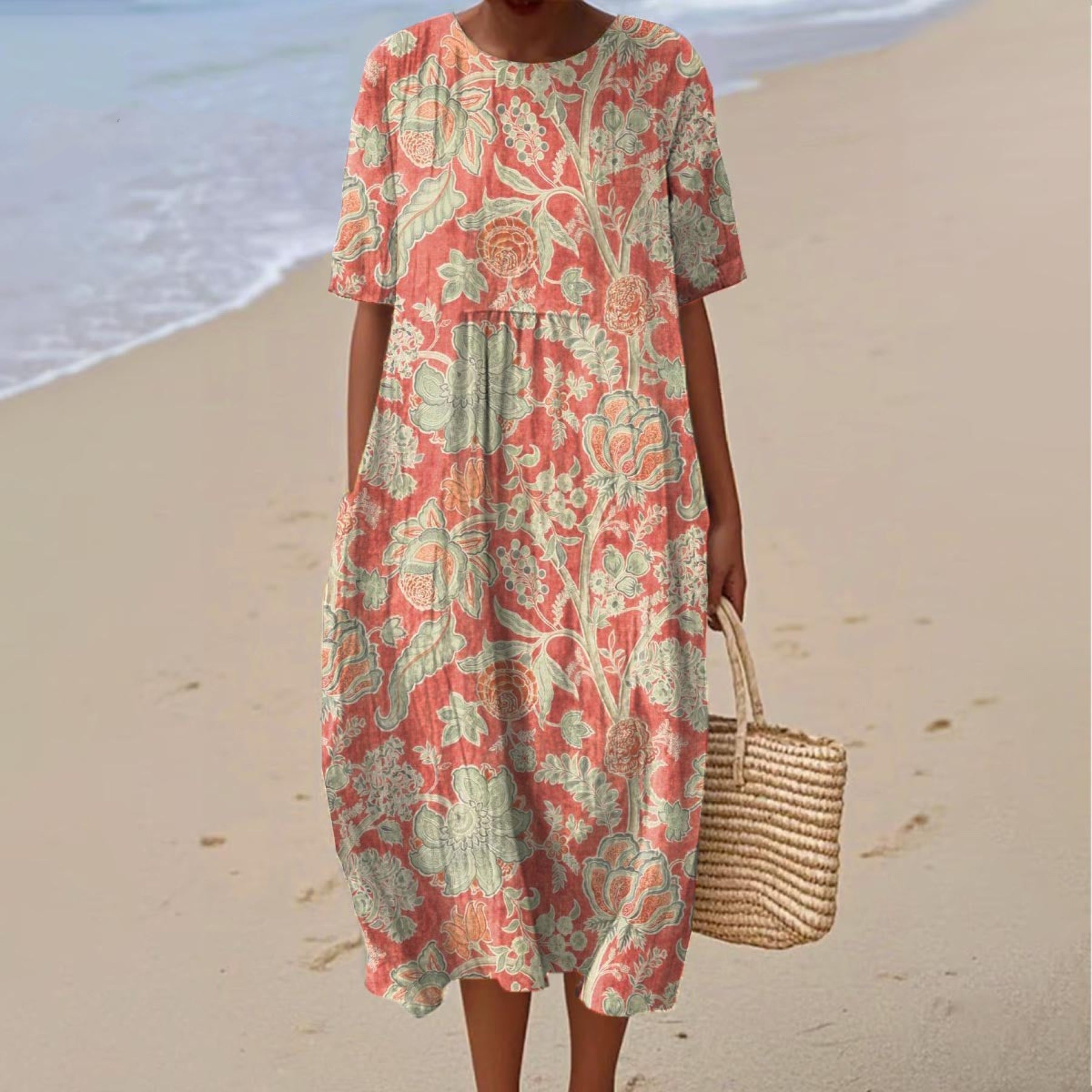 Women's Vintage Floral Print Short Sleeve Crew Neck Dress elevenforest
