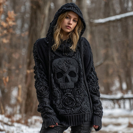 Comstylish Women's Vintage Celtic Knot Skull And Roses Knitted Hooded Sweater
