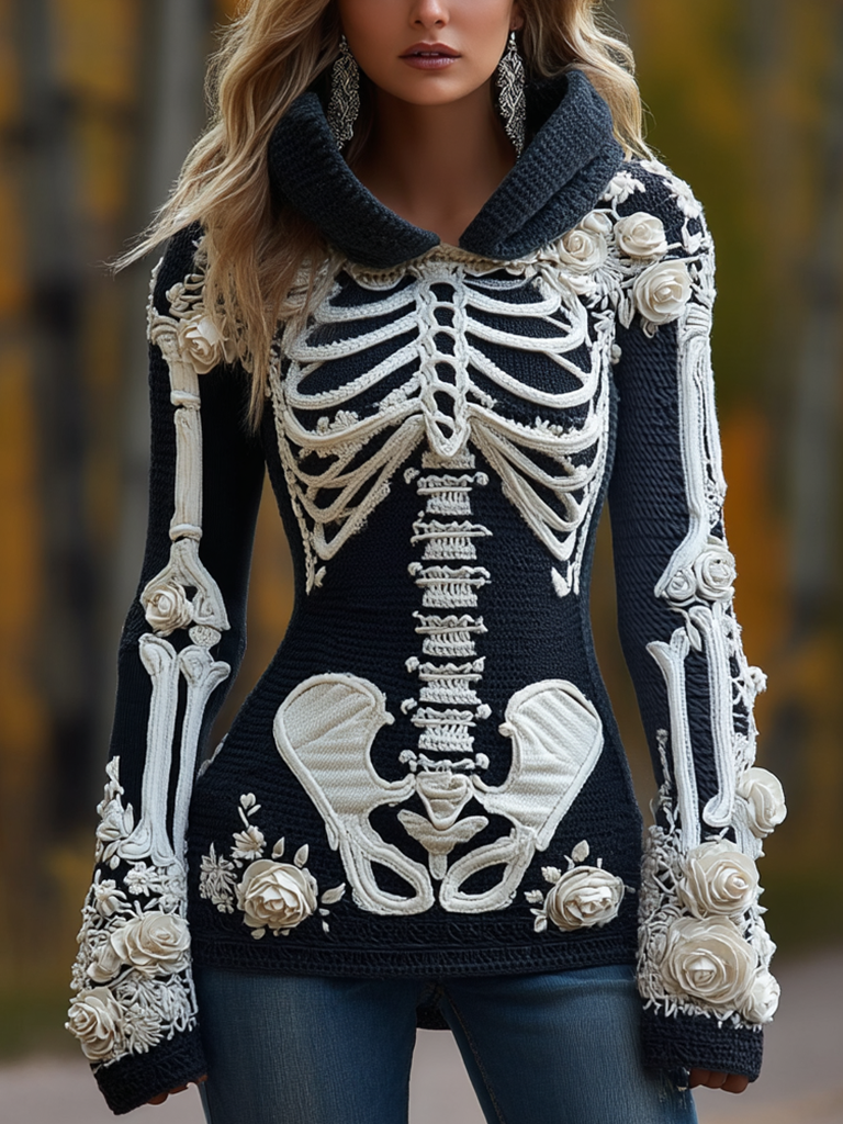 Women's Halloween Skeleton Bones With Roses Art Knitted Warm Hooded Sweater artswardrobe
