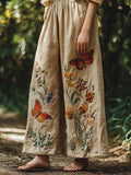 Butterfly Floral Embroidery Vintage Women's Linen Loose Pants elevenforest