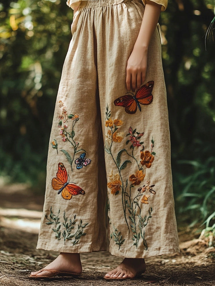 Butterfly Floral Embroidery Vintage Women's Linen Loose Pants elevenforest