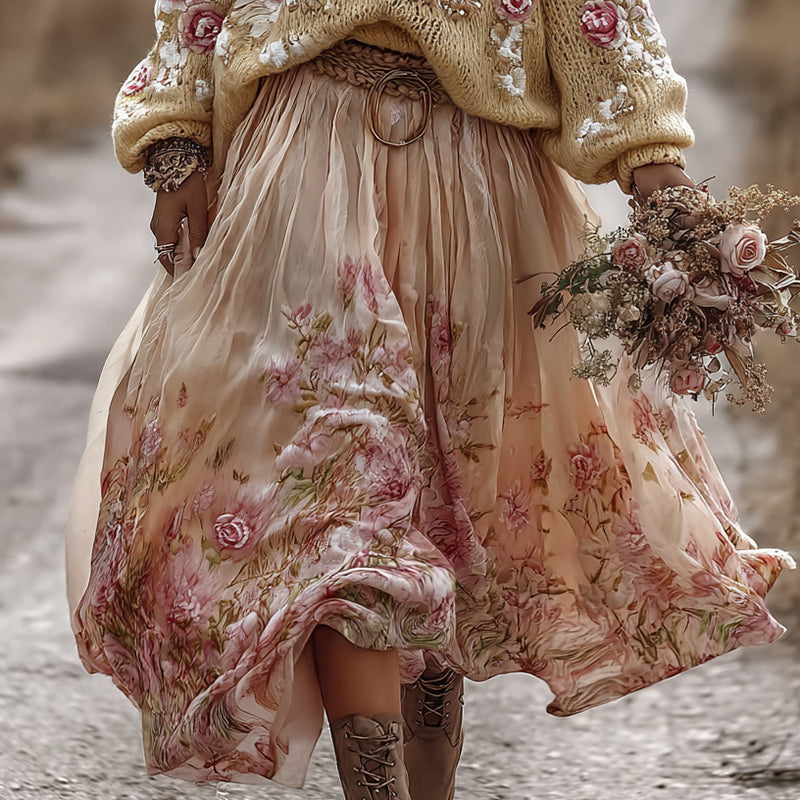 Classic Rose In Gradient Yellow Art Cozy Knit Round Neck Sweater And Linen Skirt Two-piece Set elevenforest