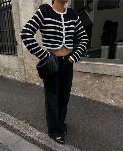 Autumn Winter Round Neck Striped Buckle Arc Sweater Cardigan Coat