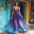 Boho Sequin Floral Embroidery Gradient Women's V-neck Spaghetti Strap Maxi Dress elevenforest