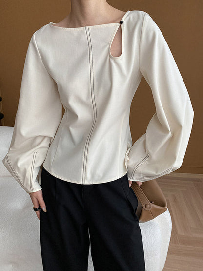 Long Sleeves Loose Asymmetric Belly-hollow Color Round-neck Blouses&shirts Tops