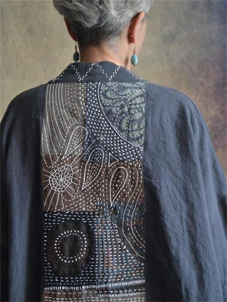 Colorblock Embroidered Japanese Sashiko Art Linen Blend Kimono Cardigan elevenforest