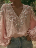 Vintage Boho Glitter Floral Art V Neck Linen Tunic elevenforest