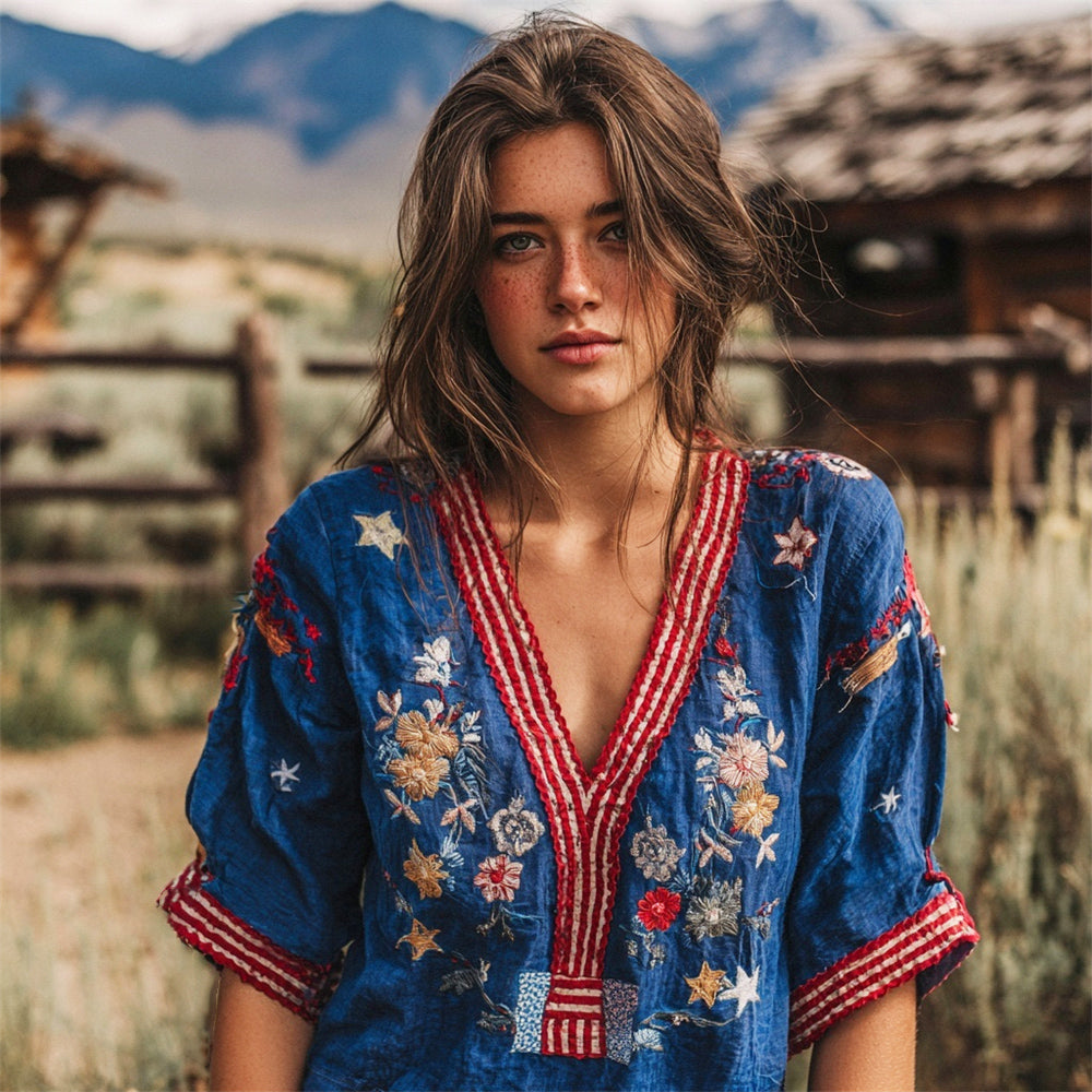 Vintage Ethnic Boho Floral Embroidery Women's V-neck Linen Shirt elevenforest