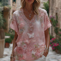 Women's Floral Butterfly Embroidered Linen Blend T-shirt elevenforest