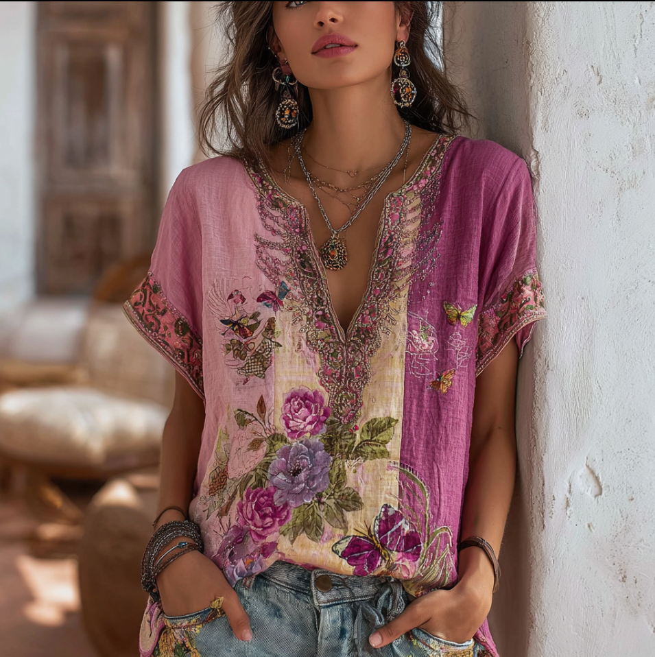 Bohemian Style V-neck Butterfly And Flower Embroidery Cotton And Linen Short Sleeve elevenforest