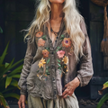 Bohemian Style Linen Floral Art Print Long Sleeve Loose  Shirt elevenforest