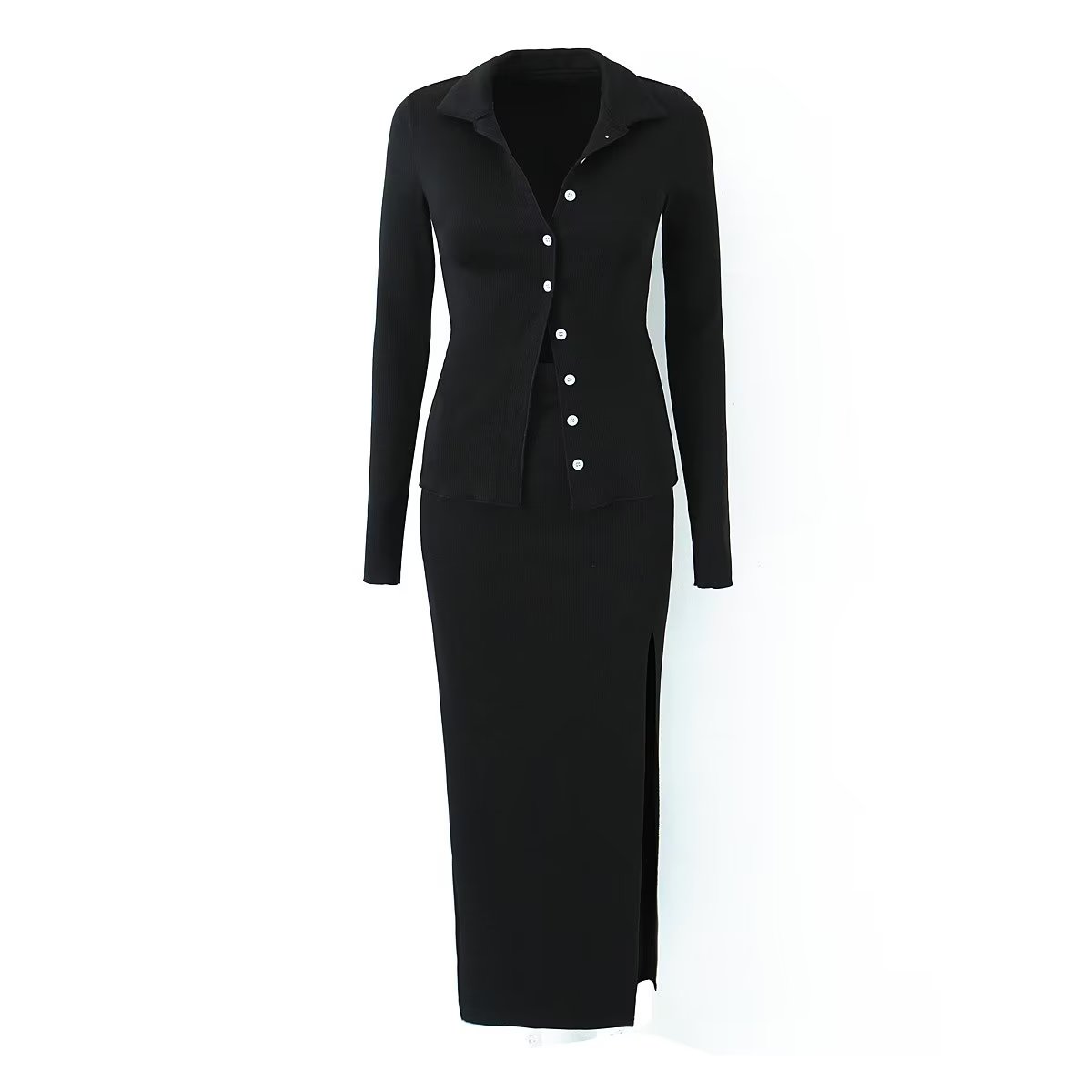 Spring Long Sleeve Collared Single Breasted Knitted Cardigan Slit Sheath Skirt Set