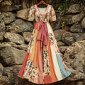 Women's Vintage Floral Patchwork Short Sleeve Dress elevenforest