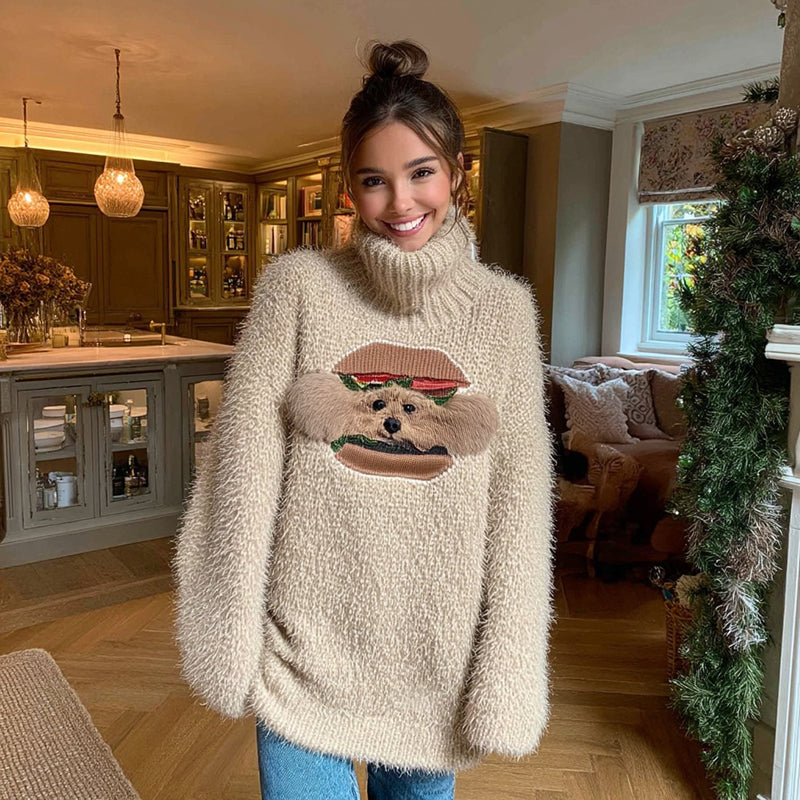 Comstylish Fuzzy Funny Hamburger Puppy Appliqué Cozy Knit Turtleneck Sweater