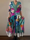 Women's Watercolor Flower Art Print V-Neck Pocket Cotton Dress