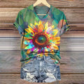 Women's Sunflower Art Print V-Neck Casual T-Shirt