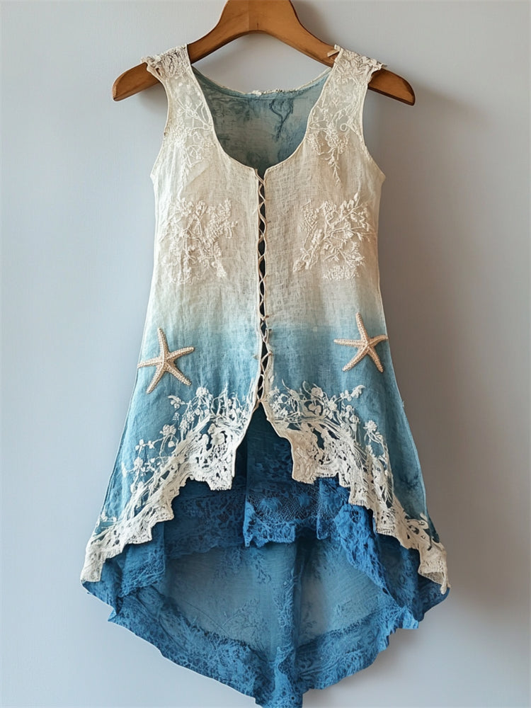Starfish Embroidered Sea Waves Lace Layered Flowy Linen Tank elevenforest