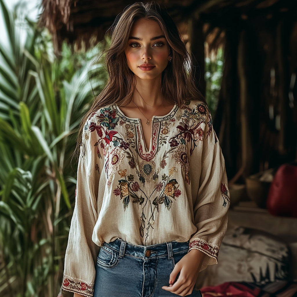 Retro Bohemian Floral Art Graphics Cotton And Linen Blend Loose Blouse elevenforest