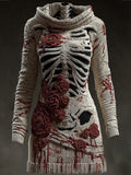 Comstylish Halloween Skull Floral Knitted Warm Hooded Sweater