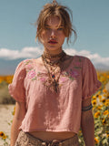 Women's Vintage Pink Floral Art Embroidery Linen T-shirt elevenforest
