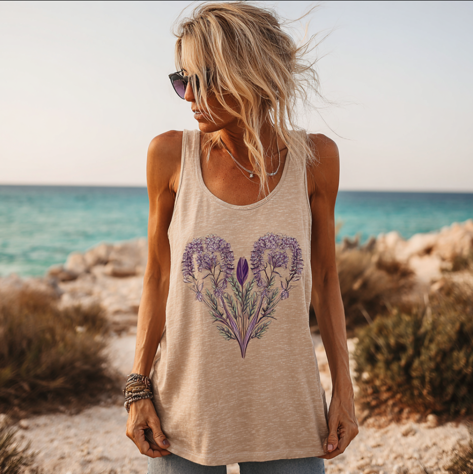 Purple Heart Plant Flower Embroidery Pattern Women Cotton And Linen Sleeveless Top elevenforest